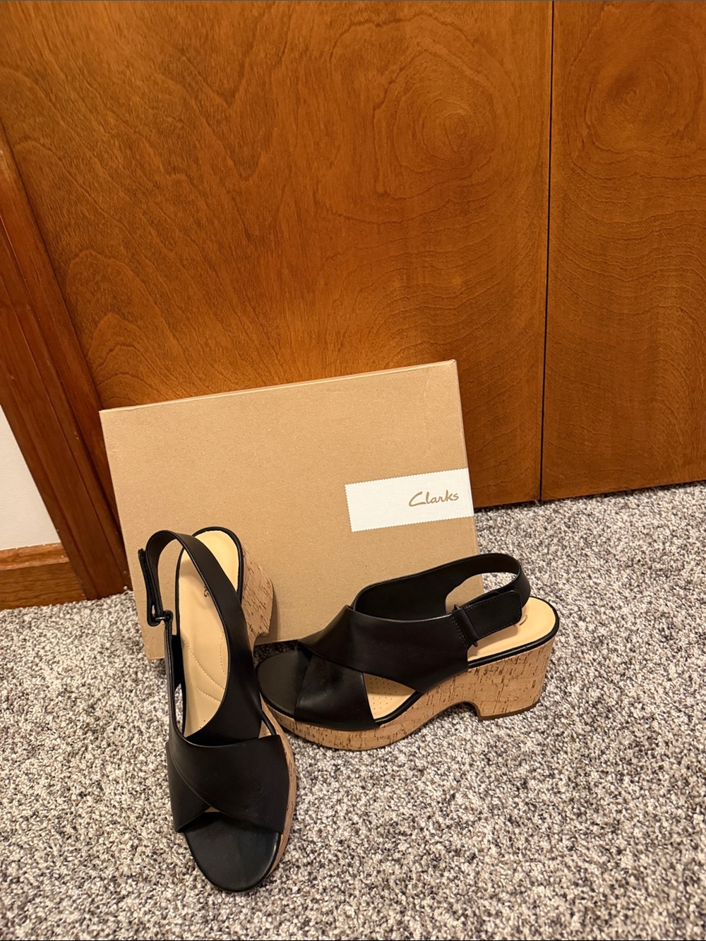 Clarks Black Leather Cork Wedge Sandals